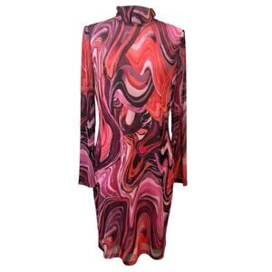 Bar III Red Pink Black Long Sleeve Sheer Dress Large